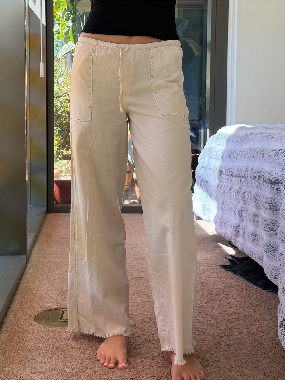 MANGO Studded Drawstring Wide Leg Pants